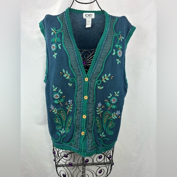 Vintage Koret blue floral embroidered button down vest size L - Picture 5 of 13